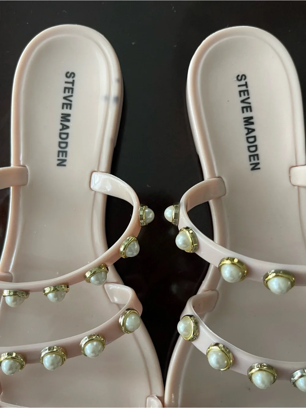 Steve Madden Pink Pearl-Studded Triple Strap Slide Sandals Size 7